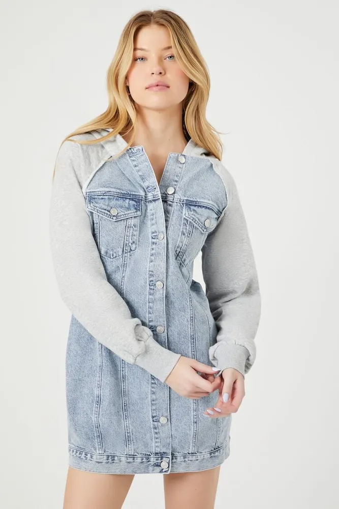 Women's Denim Hooded Combo Mini Dress Light