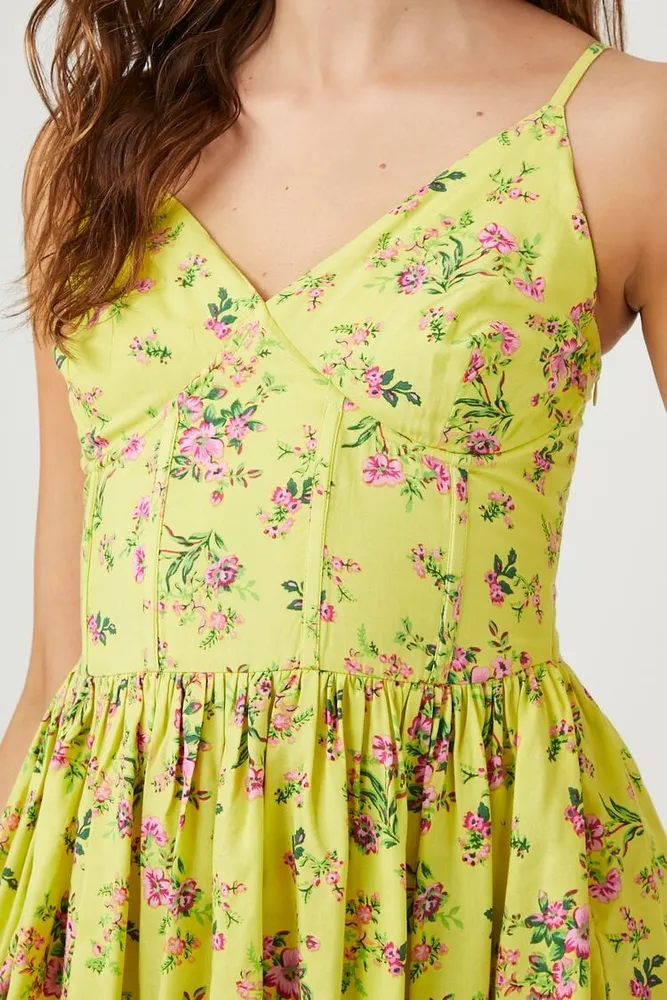 Women's Floral Print Corset Mini Dress in Yellow Large