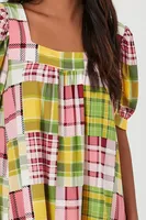 Women's Poplin Plaid Ruffle Mini Dress in Mauve, XS