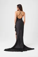 Women's Satin Flounce-Hem Maxi Dress in Black Small