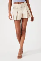 Women's Belted Twill Mid-Rise Shorts in Taupe Large