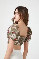 Women's Floral Puff-Sleeve Crop Top in Green Small