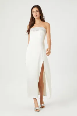Women's Satin Rhinestone Maxi Slip Dress in White/Silver Medium