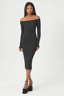 Women's Glitter Off-the-Shoulder Sweater Midi Dress in Black/Silver, XXL