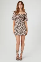 Women's Lace-Up Floral Print Mini Dress in Black, XS