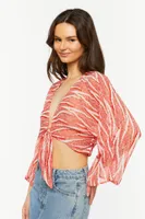 Women's Abstract Chiffon Tie-Front Crop Top in Orange/Ivory Large