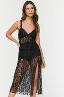 Women's Sheer Lace Slit Midi Dress in Black Small