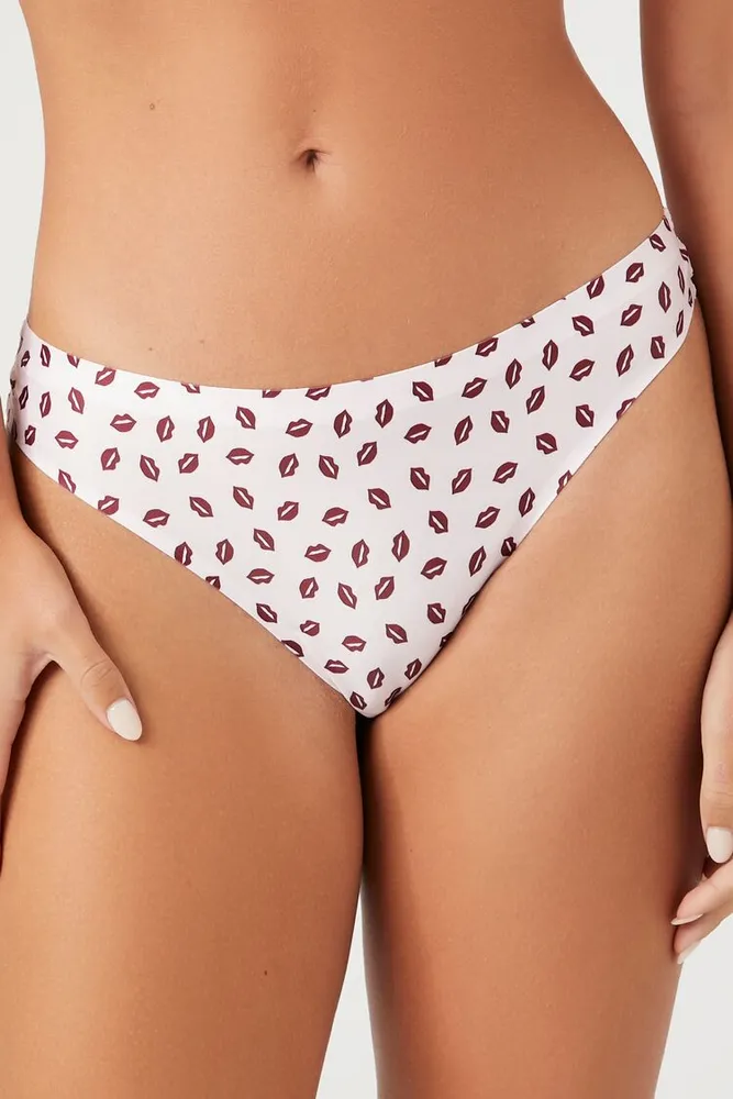 Women's Lip Print Thong Panties in Pink Small