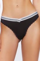 Women's Striped Lace-Trim Thong Panties in Black, XL