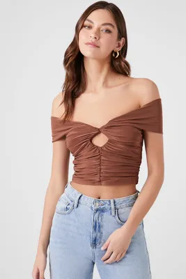 Women's Off-the-Shoulder Shirred Crop Top in Brown Large