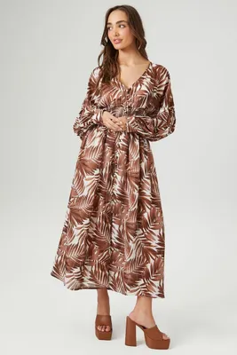 Women's Leaf Print Peasant-Sleeve Maxi Dress in Brown Medium