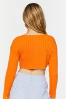 Women's Ribbed V-Hem Long-Sleeve Crop Top in Neon Orange Small