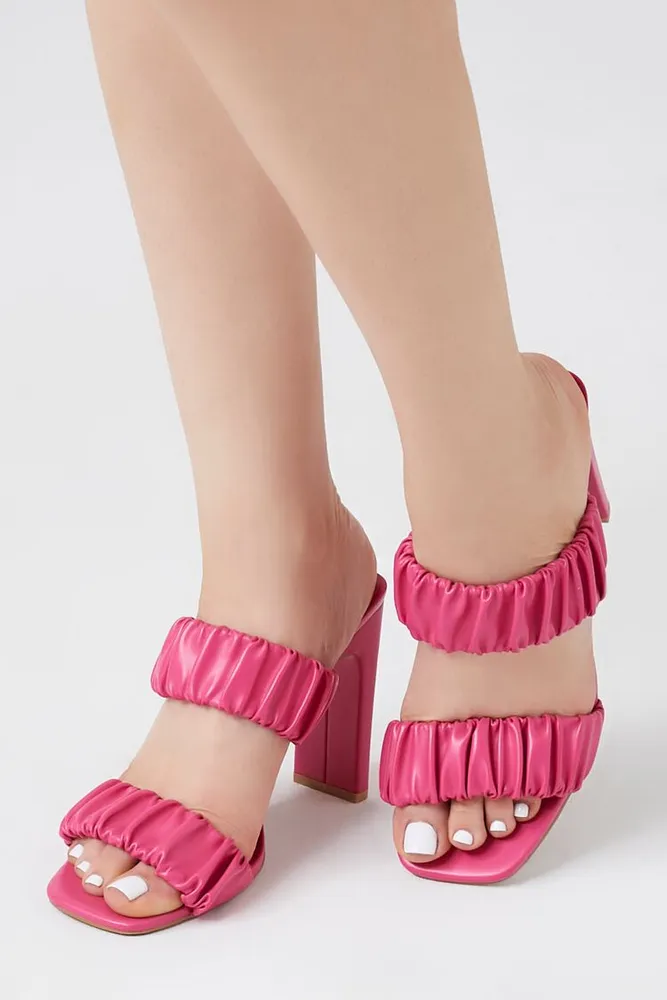 Women's Faux Leather Ruched Block Heels Pink,