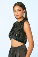 Women's Ruched Sequin Sleeveless Crop Top Black