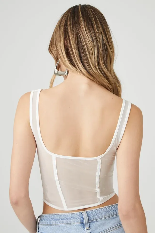 Forever 21 Women's Sheer Mesh Bustier Cropped Tank Top in White
