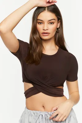 Women's Short-Sleeve Crossover Crop Top in Dark Brown Medium