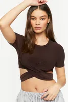 Women's Short-Sleeve Crossover Crop Top in Dark Brown Medium