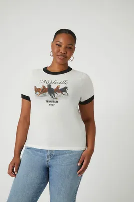 Women's Nashville Horse Ringer T-Shirt in White, 0X