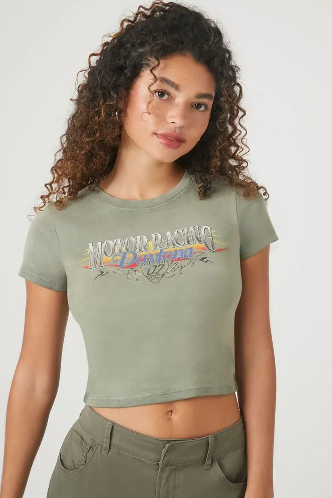 Women's Ribbed Knit Daytona Graphic T-Shirt in Grey Medium