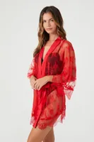 Women's Sheer Lace Lingerie Robe in Fiery Red Small