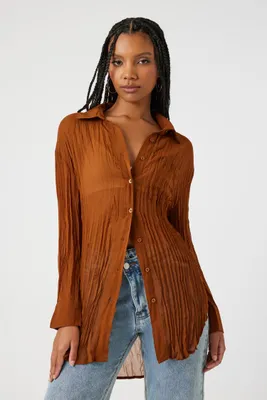 Women's Sheer Crinkled Oversized High-Low Shirt in Brown Small