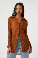 Women's Sheer Crinkled Oversized High-Low Shirt in Brown Small