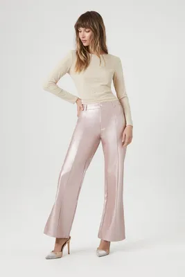 Women's Metallic Faux Leather Wide-Leg Pants in Pink Medium