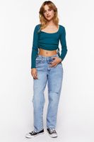 Women's Ruched Drawstring Long-Sleeve Crop Top in Teal Blue Large