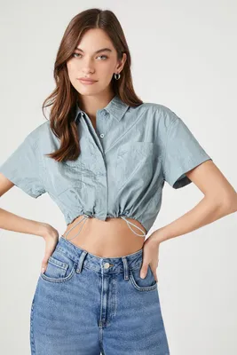 Women's Cropped Toggle Drawstring Shirt in Blue Mist Medium