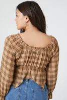 Women's Plaid Handkerchief Crop Top in Brown Medium