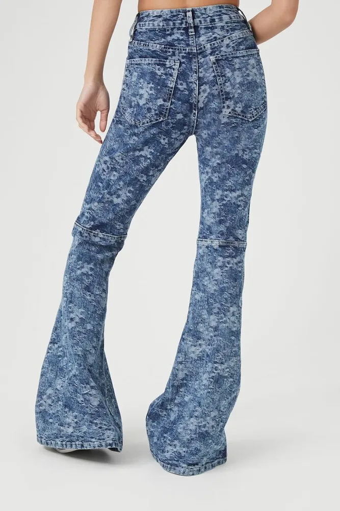 Women's Floral Print High-Rise Flare Jeans in Medium Denim, 24