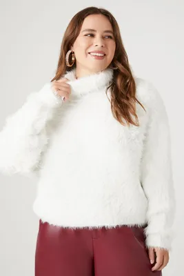 Women's Fuzzy Faux Fur Sweater in White, 1X