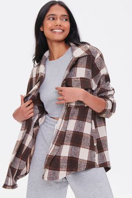 Women's Plaid Button-Front Shacket in Brown Small