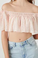 Women's Off-the-Shoulder Polka Dot Crop Top in Nude Pink Medium