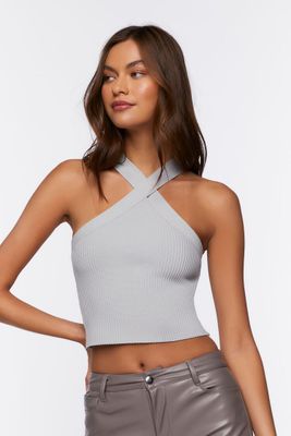 Women's Sweater-Knit Halter Crop Top in Grey, XL