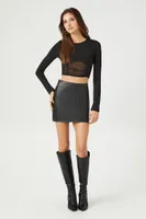 Women's Sheer Ruched Crop Top in Black Large