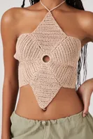 Women's Crochet Floral Halter Top in Tan Small