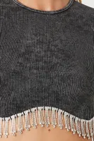 Women's Rhinestone-Fringe Cropped T-Shirt in Black Medium