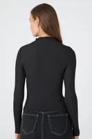 Women's Ribbed Mock Neck Long-Sleeve T-Shirt in Black, XS