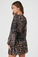 Women's Satin Paisley Plunging V-Neck Mini Dress in Black Small