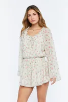 Women's Chiffon Floral Print Romper in Ivory, XS