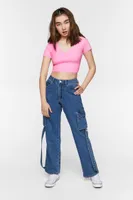 Women's Ribbed V-Neck Crop Top in Pink Large