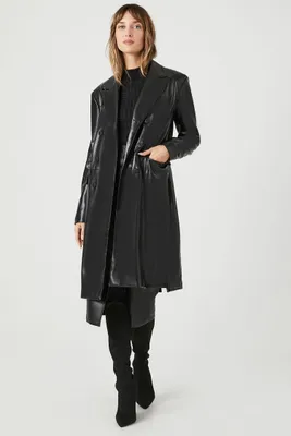 Women's Faux Leather Double-Breasted Coat in Black Large