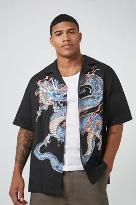 Men Linen Dragon Graphic Shirt in Black Medium