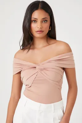 Women's Twist-Front Off-the-Shoulder Bodysuit in Sand, XS