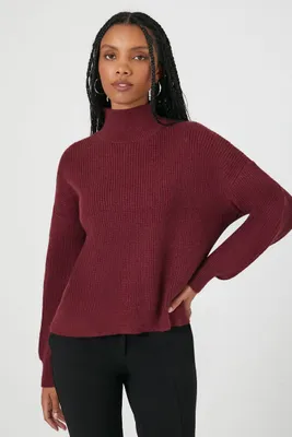Women's Ribbed Knit Turtleneck Sweater in Burgundy, XS