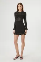 Women's Sheer Lace Flounce Mini Dress Black