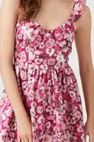 Women's Floral Print Ruffle Mini Dress in Pink Large