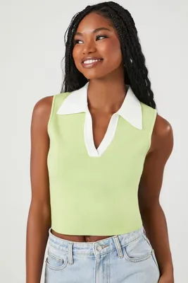 Women's Sweater-Knit Contrast-Trim Tank Top in Pistachio/White Large