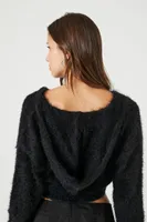 Women's Hooded Fuzzy Knit Cropped Sweater in Black Medium